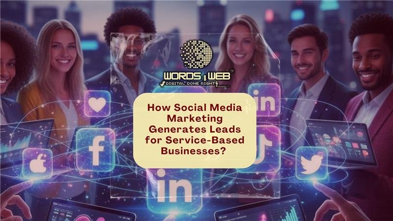 Illustration showing a diverse group of professionals with floating social media icons (Facebook, Instagram, LinkedIn, Twitter) and digital analytics visuals, highlighting how social media marketing generates leads for service-based businesses.
