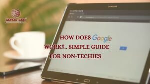 How does Google Work title with showing Google Page on laptop screen